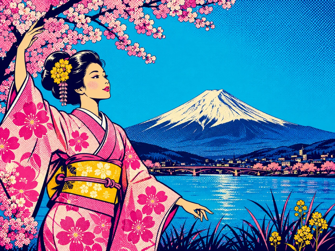 Bold pop art halftone illustration of a pink kimono figure, cherry blossoms, lake, and Mount Fuji.