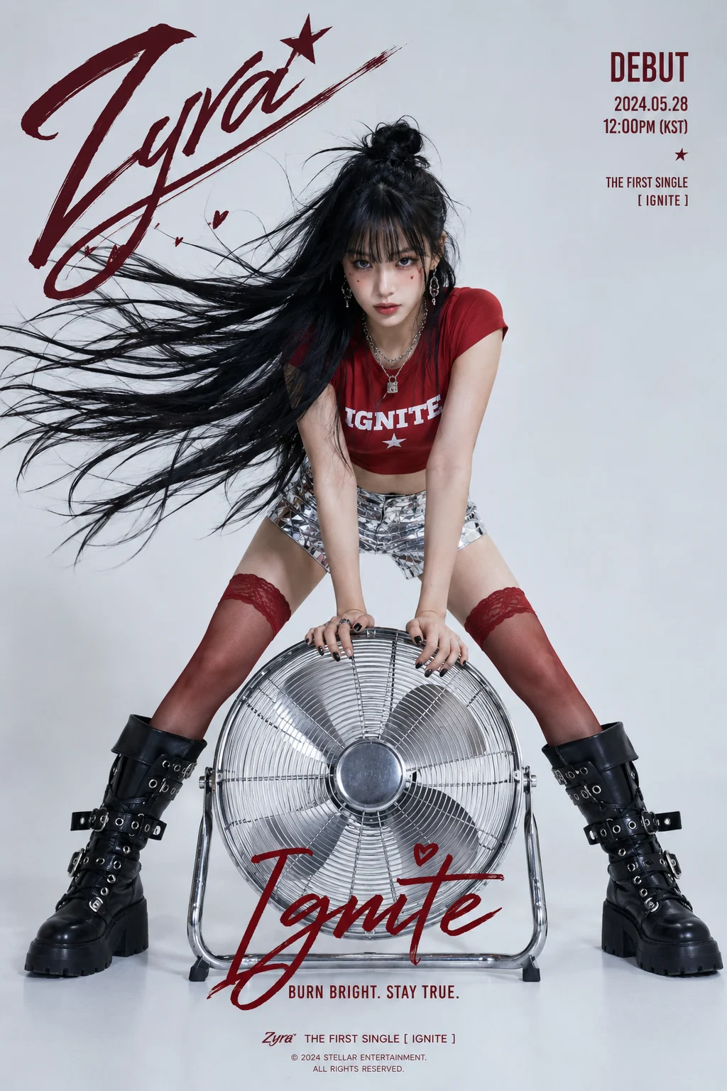 Vertical studio fashion poster showing red and silver styling, black buckle boots, a chrome fan, and dramatic windblown hair.