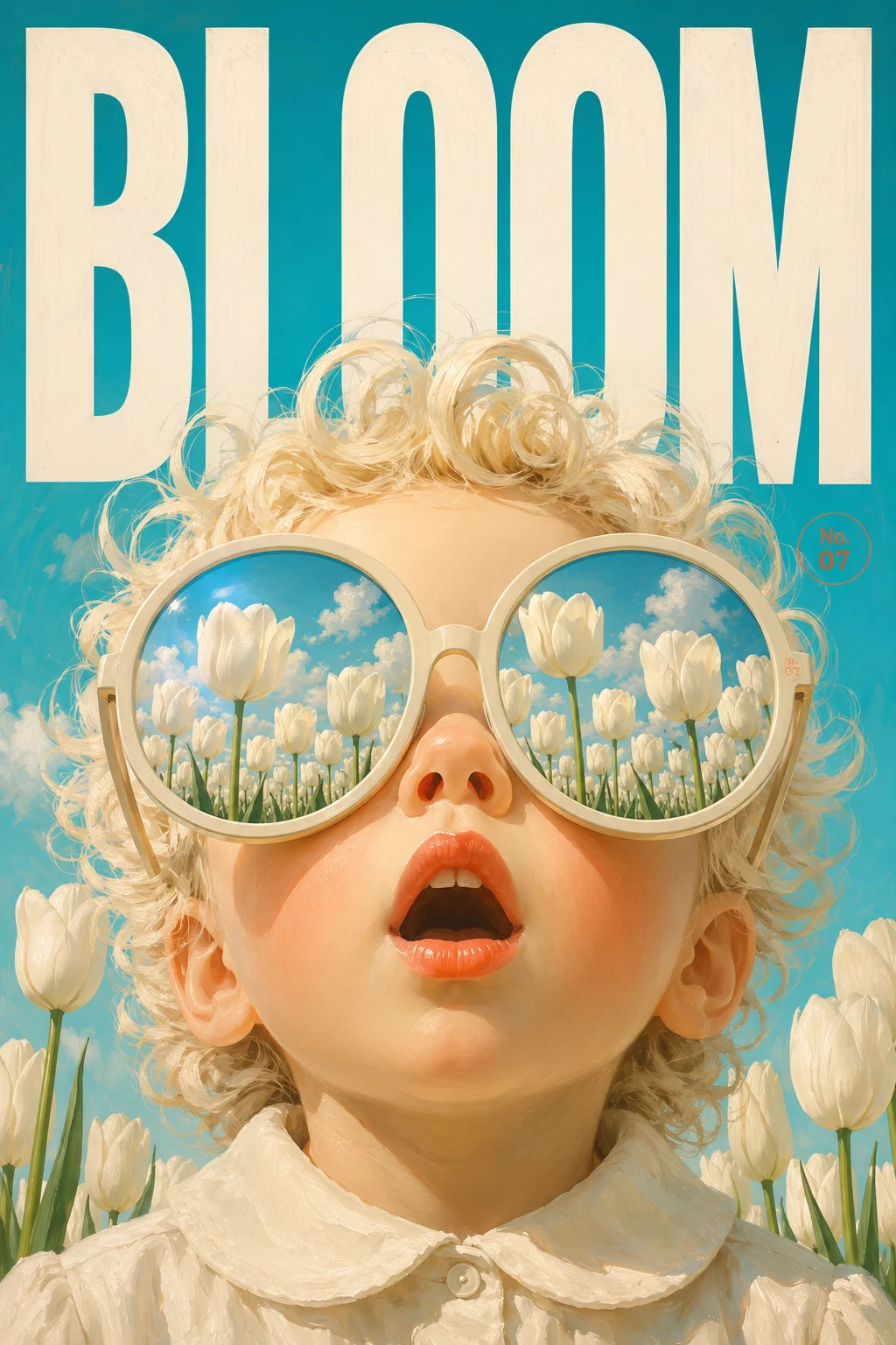 Pop-surreal spring poster showing a young child with pale curls and oversized round sunglasses reflecting a white tulip field, with giant BLOOM text behind the head.