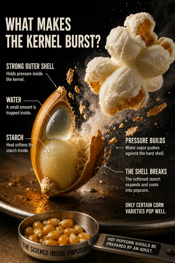 Educational popcorn science scene with a kernel cutaway, pressure buildup, shell breaking, expanding starch, and a popped piece.