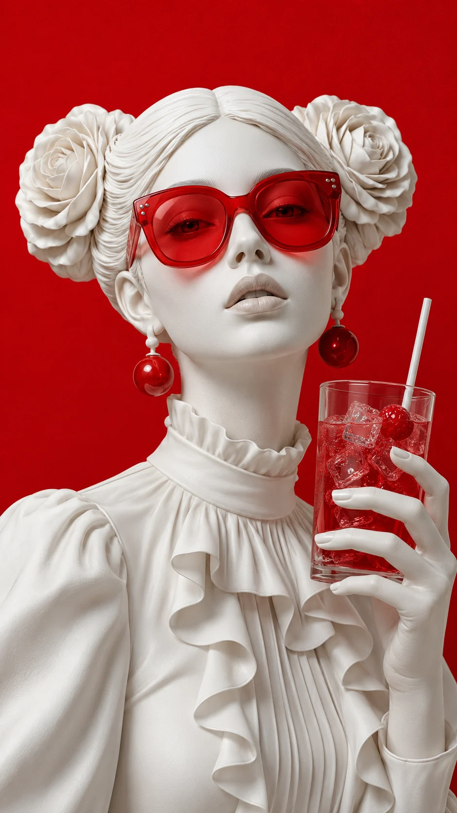 White porcelain figure clad in red and ruffled blouse, holding a red iced drink on a crimson background.