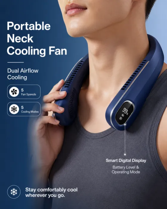 Close-up of a person wearing a navy-blue neck cooling fan with a digital display on a blue background.