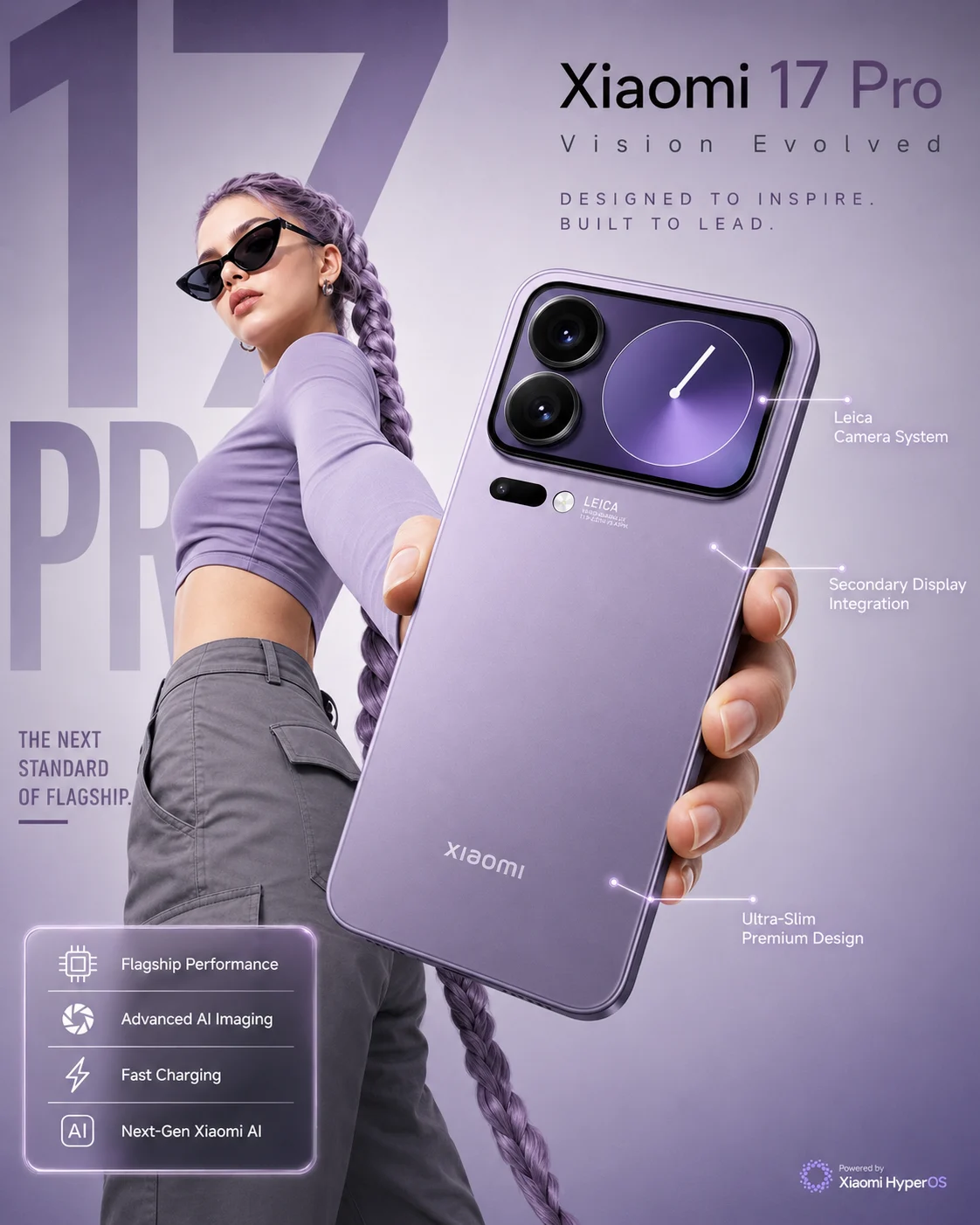 poster typography, product ad, woman, studio, standing pose, shown with smartphone-style photo styling.