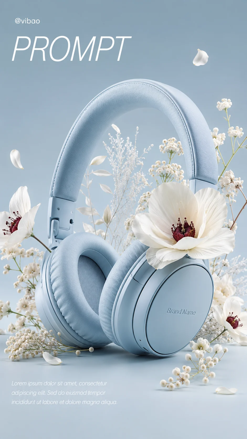 Luxury powder-blue headphones decorated with white botanical elements in a vertical commercial studio composition.