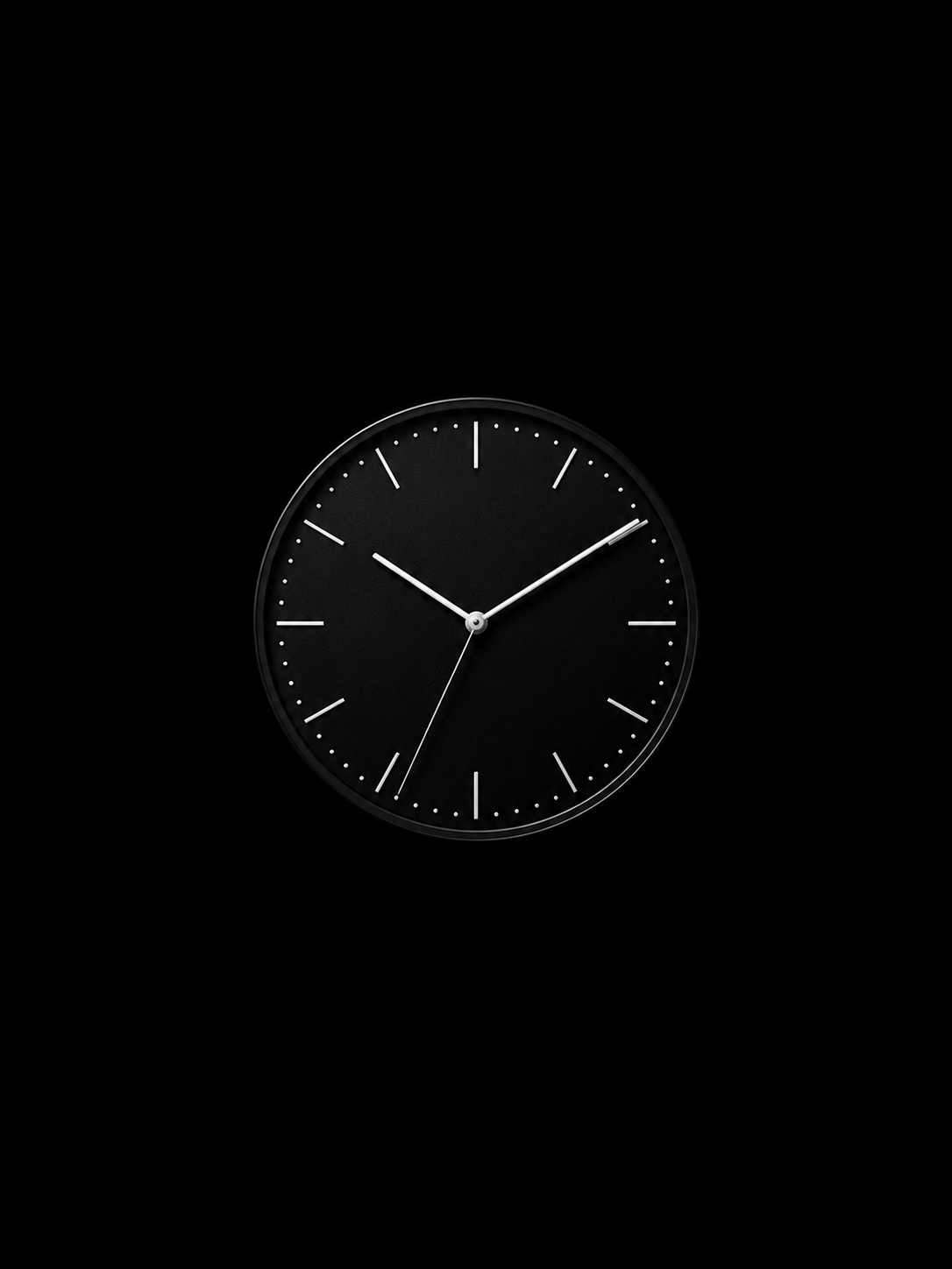 Minimal black analog watch dial with white hands, thin markers, and dot minute track on a pure black background.