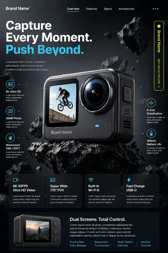 Premium action camera advertising poster with modern industrial design and floating rock composition.