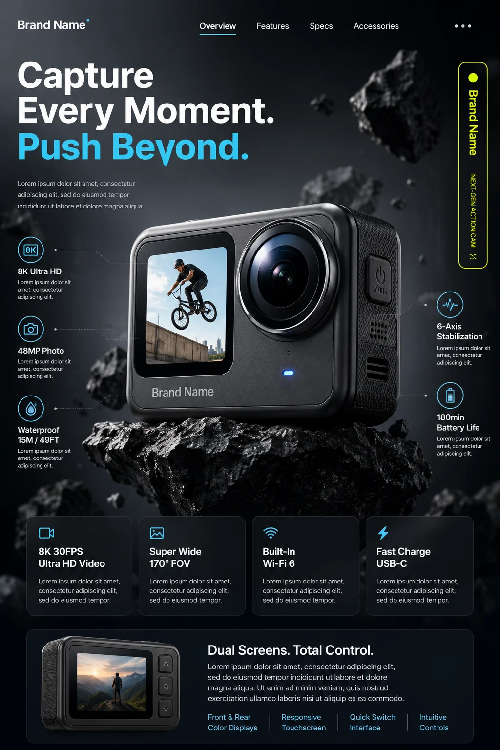 Premium action camera advertising poster with modern industrial design and floating rock composition.