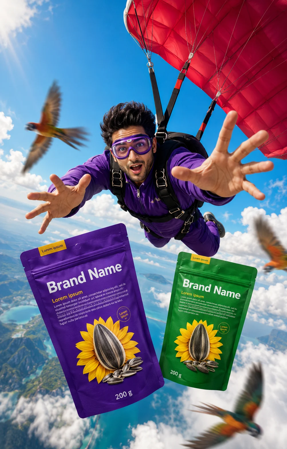Adventure-themed commercial packaging with a skydiver and premium snack products floating in a blue sky.