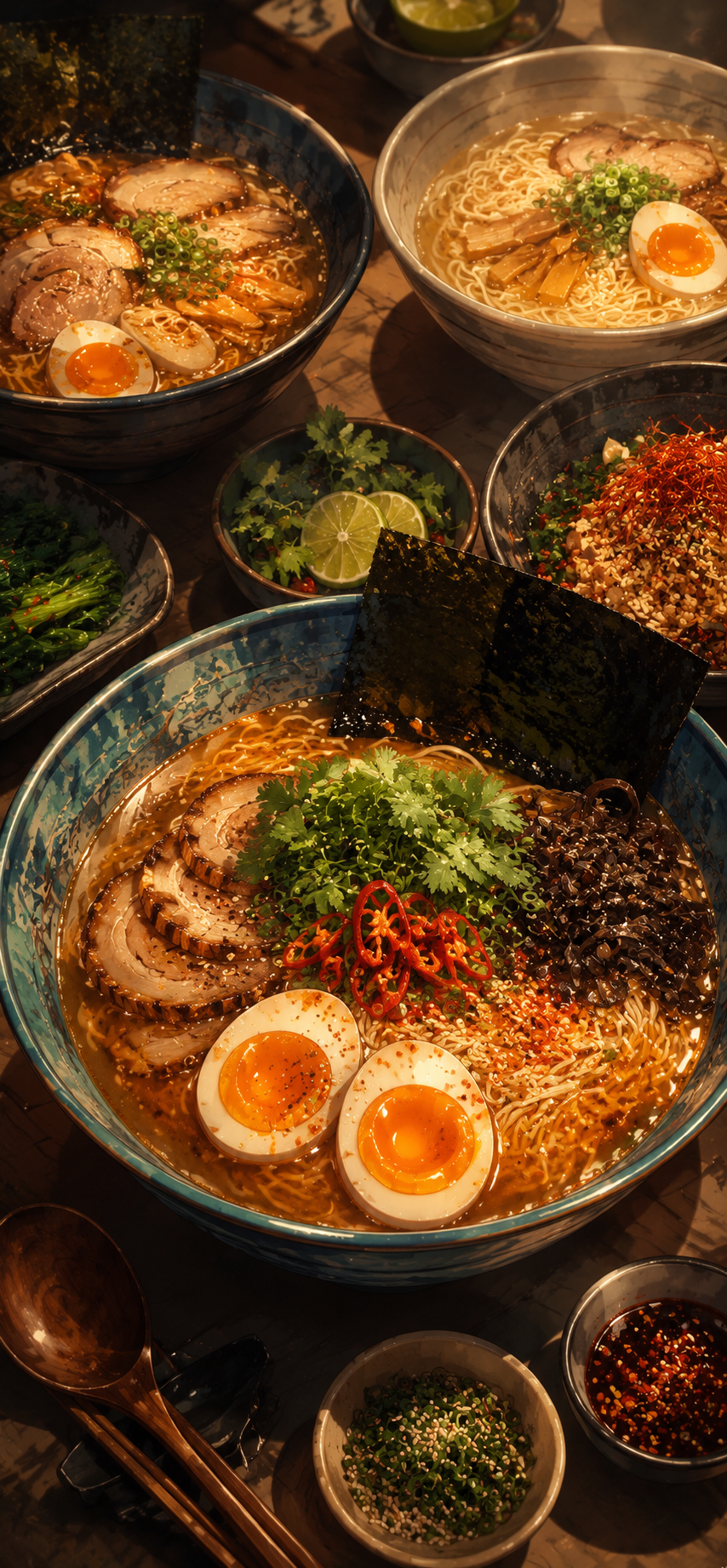 Anime-style illustration of ramen bowls with noodles, egg, herbs, and chili on a restaurant table with warm lighting.