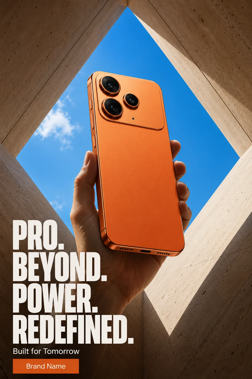Orange titanium flagship smartphone in a diamond travertine architectural opening with bold editorial typography and blue sky.