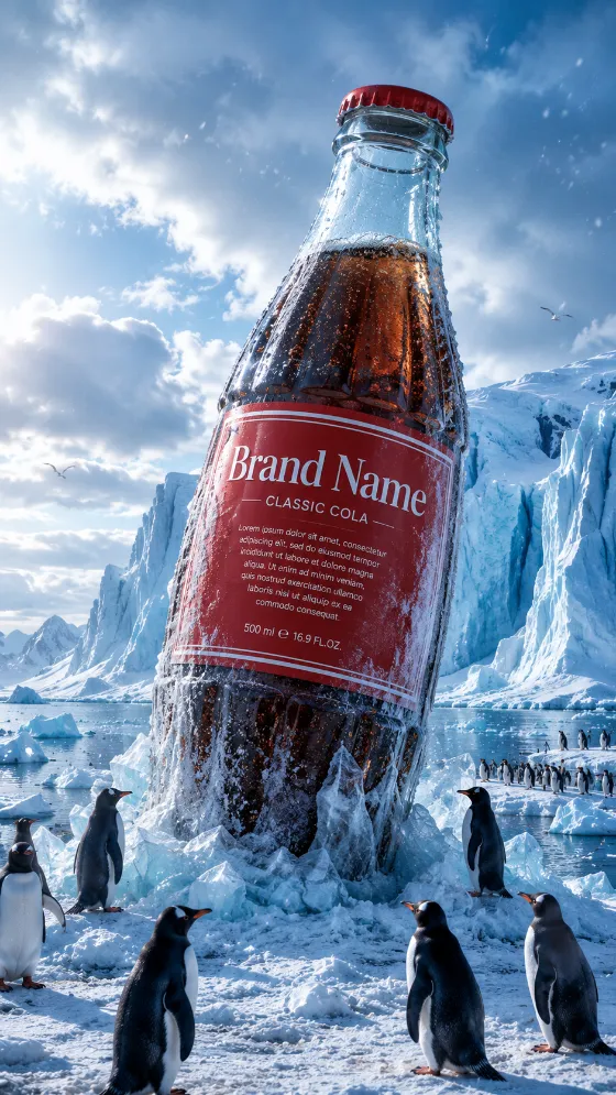 Oversized glass beverage bottle as a frozen monument in an Arctic landscape with penguins and glaciers.
