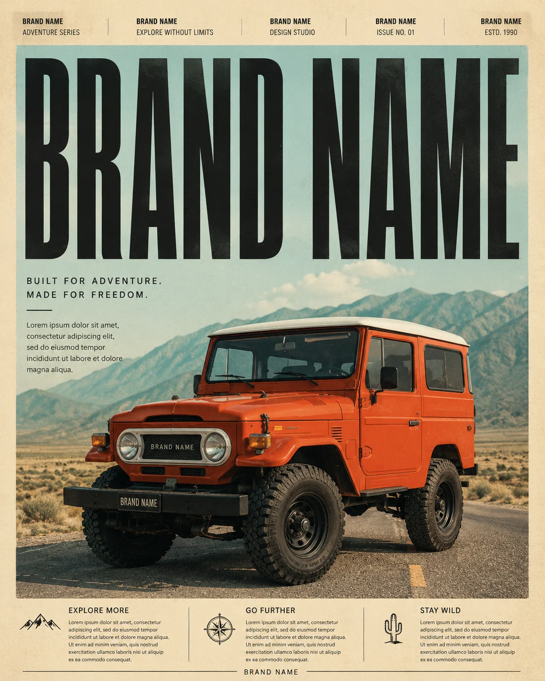 Retro-inspired automotive editorial poster featuring a classic burnt-orange off-road vehicle on a desert road with oversized typography and minimalist composition.