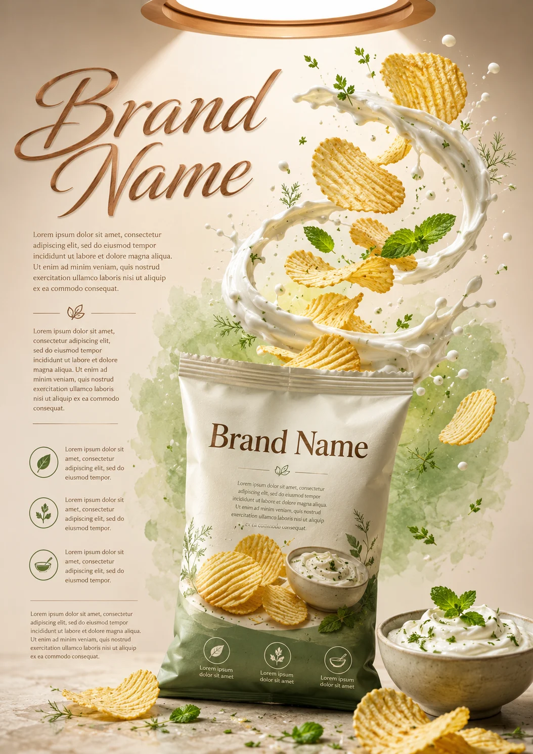 Premium baked potato chip packaging surrounded by floating chips and creamy herb yogurt.