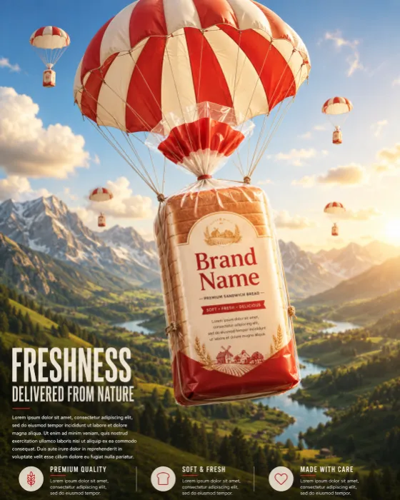 A packaged bread loaf under a red-and-ivory parachute floating over a mountain valley with rivers at golden hour.
