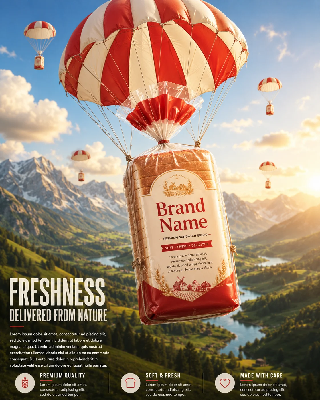 A packaged bread loaf under a red-and-ivory parachute floating over a mountain valley with rivers at golden hour.