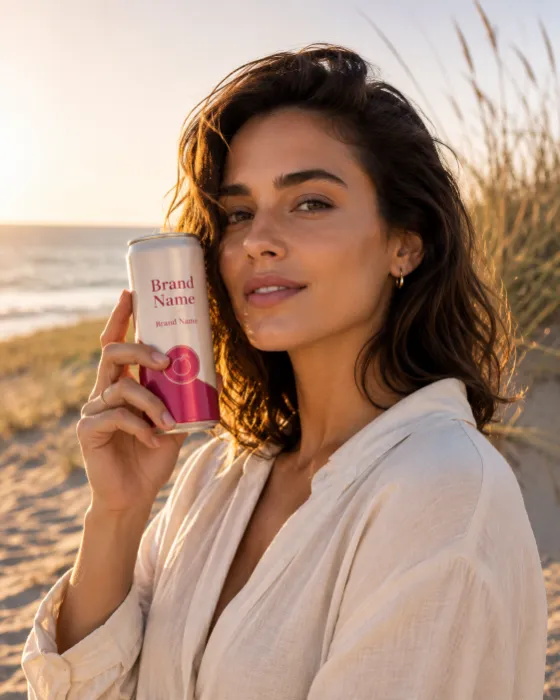 A model holds a canned beverage on the beach during golden hour with ocean and dunes in the background.