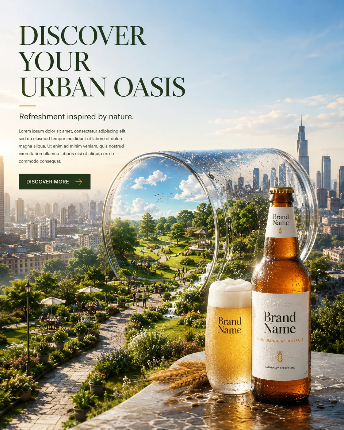 Premium beverage campaign featuring a giant glass transforming into a lush green landscape with a bottle and glass in the foreground.