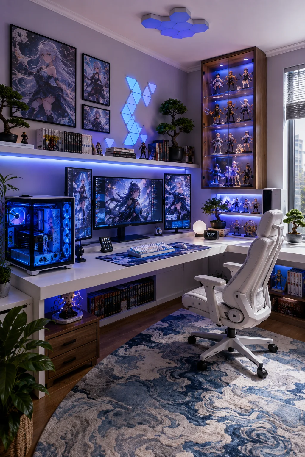 Premium gaming studio with white workstation, three monitors, illuminated PC, blue-violet lighting, collectible displays, and illustrated wall art.