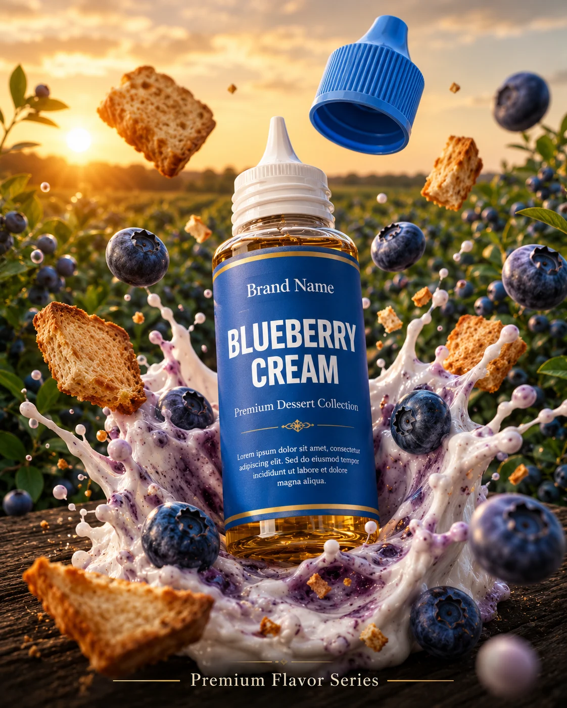 A flavor bottle with golden liquid rising from a blueberry cream splash, surrounded by fresh berries and bread in a sunny field.