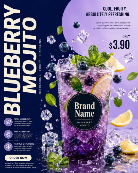 Premium blueberry mojito campaign with floating fruit and refreshing commercial styling.