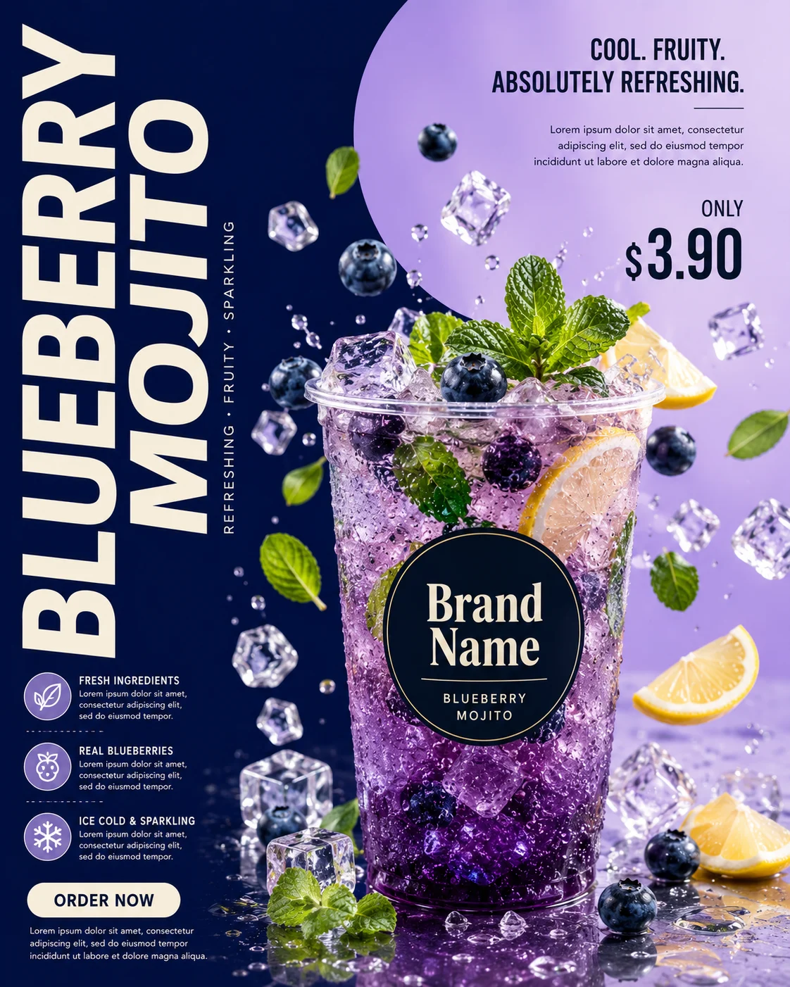 Premium blueberry mojito campaign with floating fruit and refreshing commercial styling.