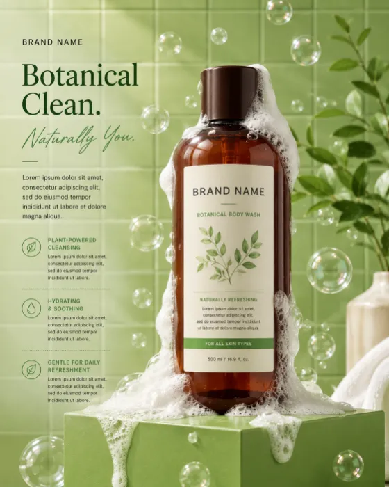 Amber botanical body wash bottle with white cleansing foam on a green pedestal, green ceramic tile wall, and floating soap bubbles in the background.
