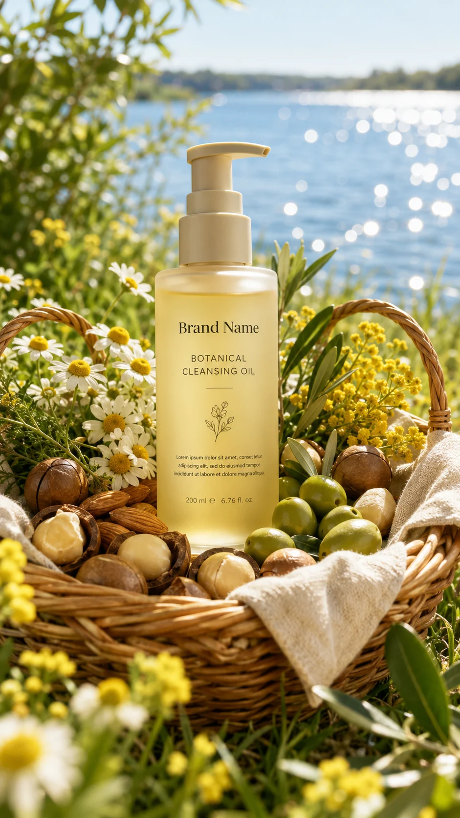 Frosted cleansing oil bottle in a wicker basket with nuts, olives, and chamomile in a sunny lakeside meadow.