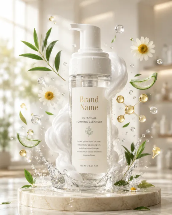 Elegant foaming facial cleanser bottle with chamomile, tea tree, and aloe vera in a bright luxury spa setting