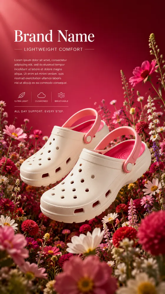 Premium comfort clogs floating in a vibrant flower garden with a magenta backdrop, displayed as luxury footwear advertising.