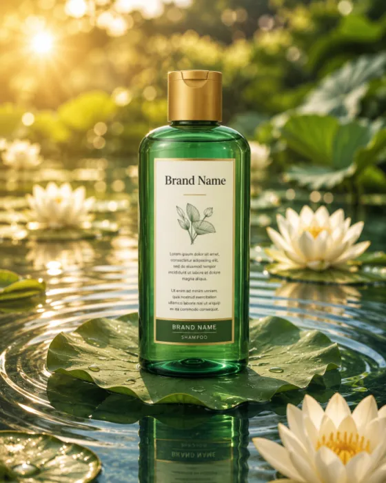Premium botanical shampoo bottle on a lotus leaf in calm reflective water.