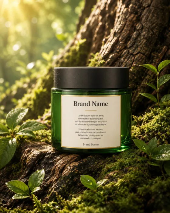 Luxury green moisturizing cream jar displayed on moss-covered tree bark in a serene forest.