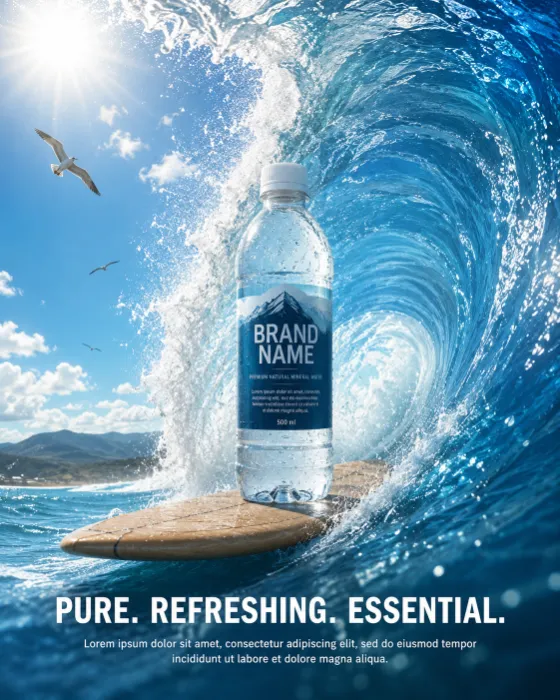 Premium bottled water standing on a surfboard inside a dramatic curling ocean wave beneath a blue sky.