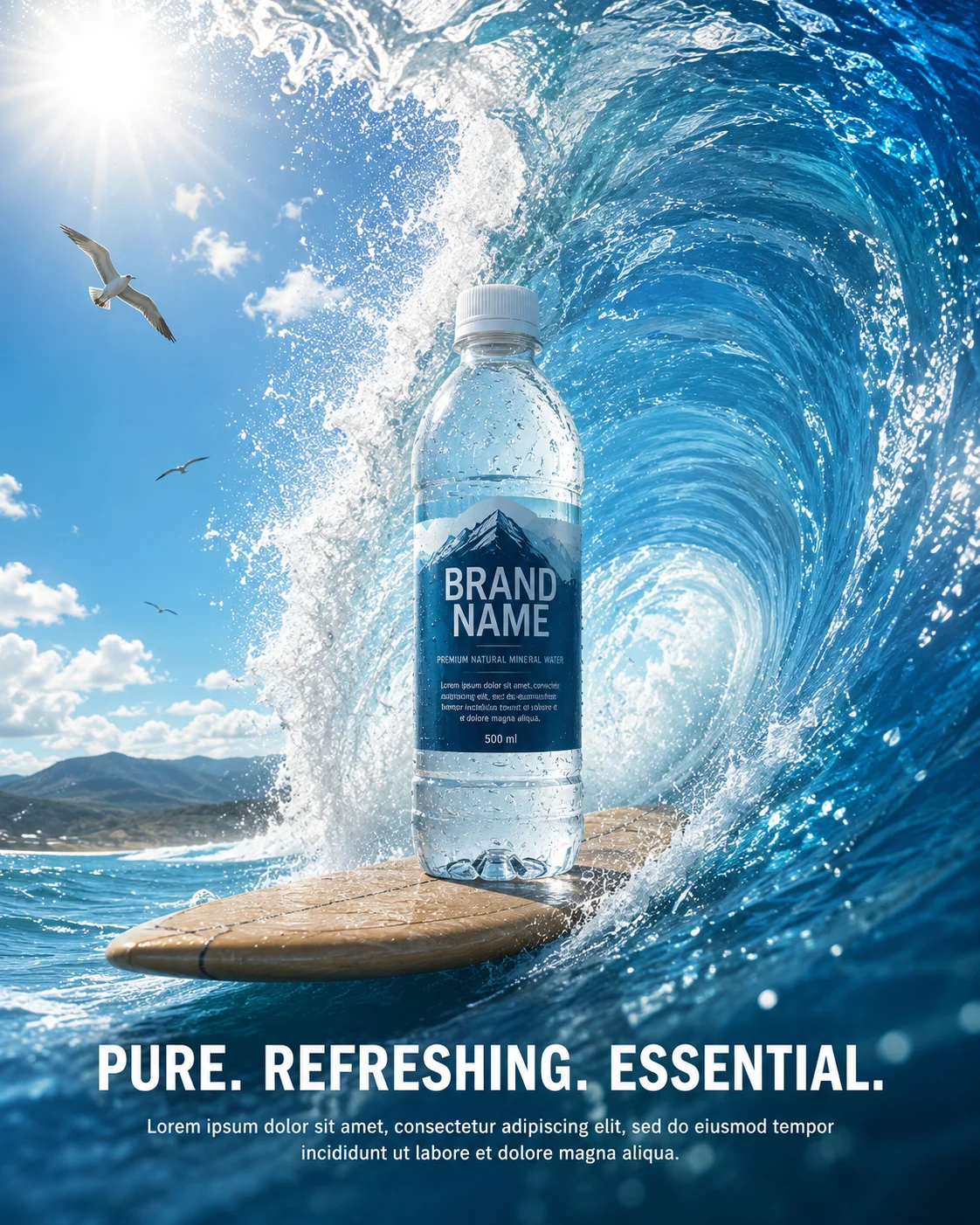 Premium bottled water standing on a surfboard inside a dramatic curling ocean wave beneath a blue sky.
