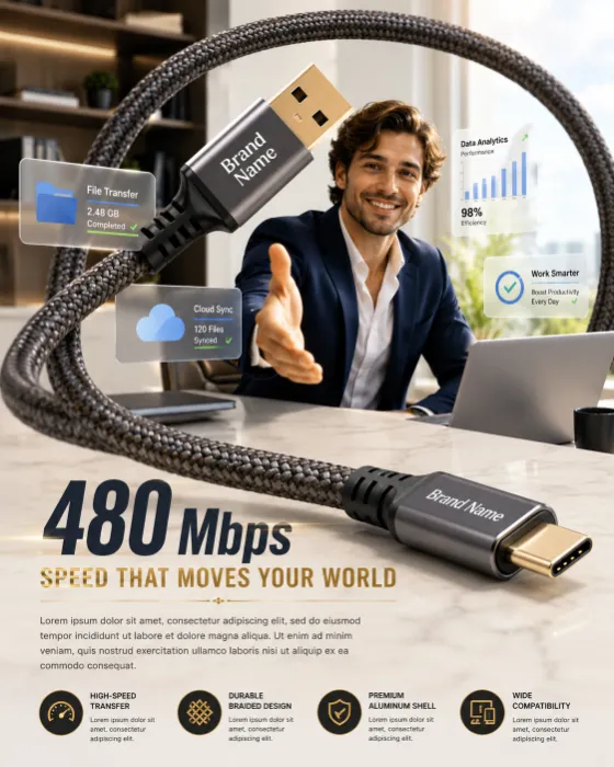 Premium braided USB data cable in a modern productivity workspace with macro connector details.