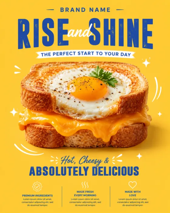 Bright commercial breakfast sandwich poster with bold typography and premium food styling.