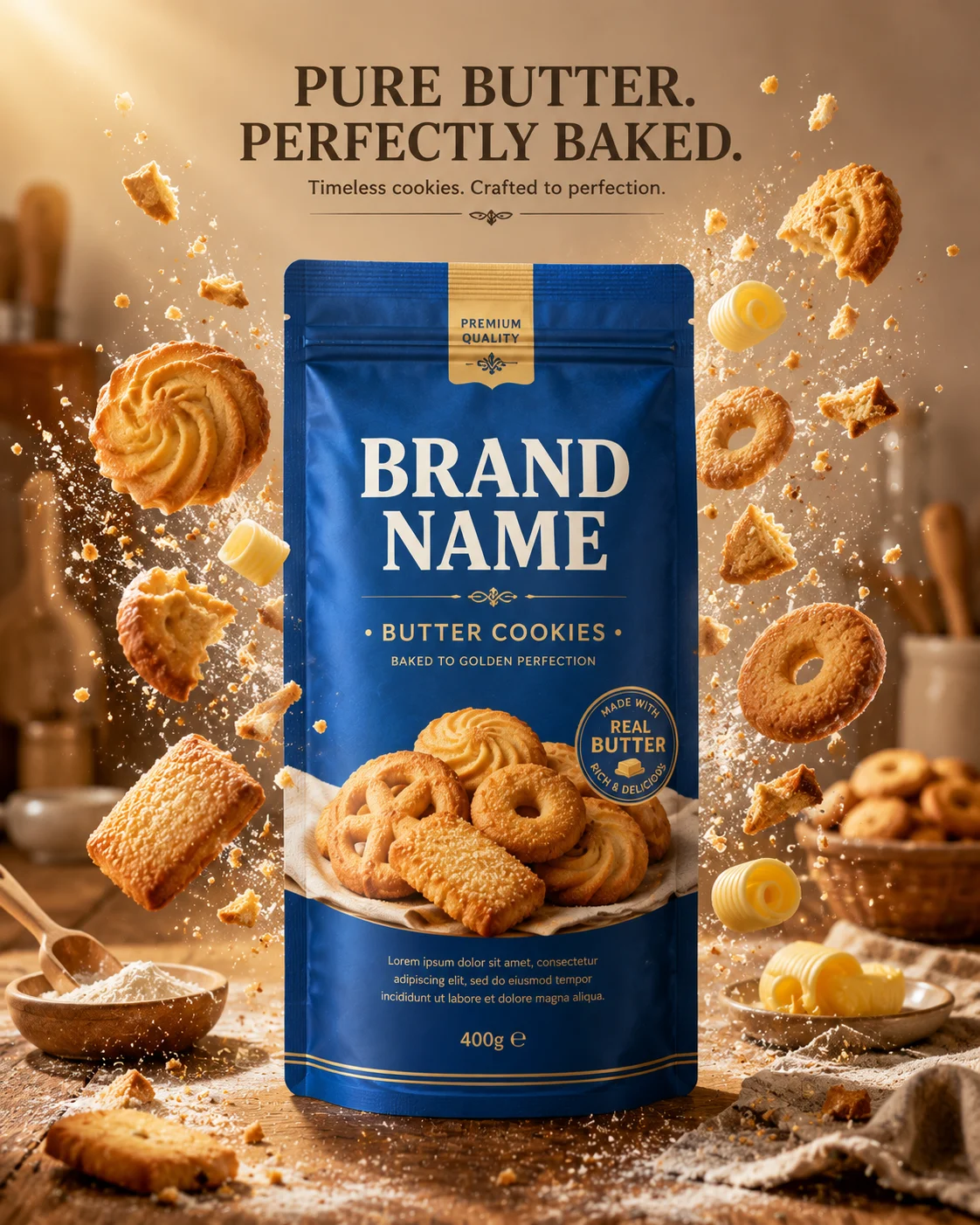 Premium butter cookie package with floating cookies in a warm artisan bakery environment.