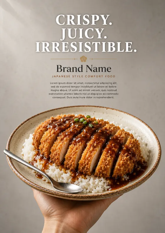 Crispy sliced chicken cutlet served over steamed rice on a ceramic plate held by one hand against a minimalist gray background.
