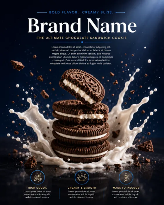 Commercial food advertisement showing stacked chocolate sandwich cookies with milk splash.