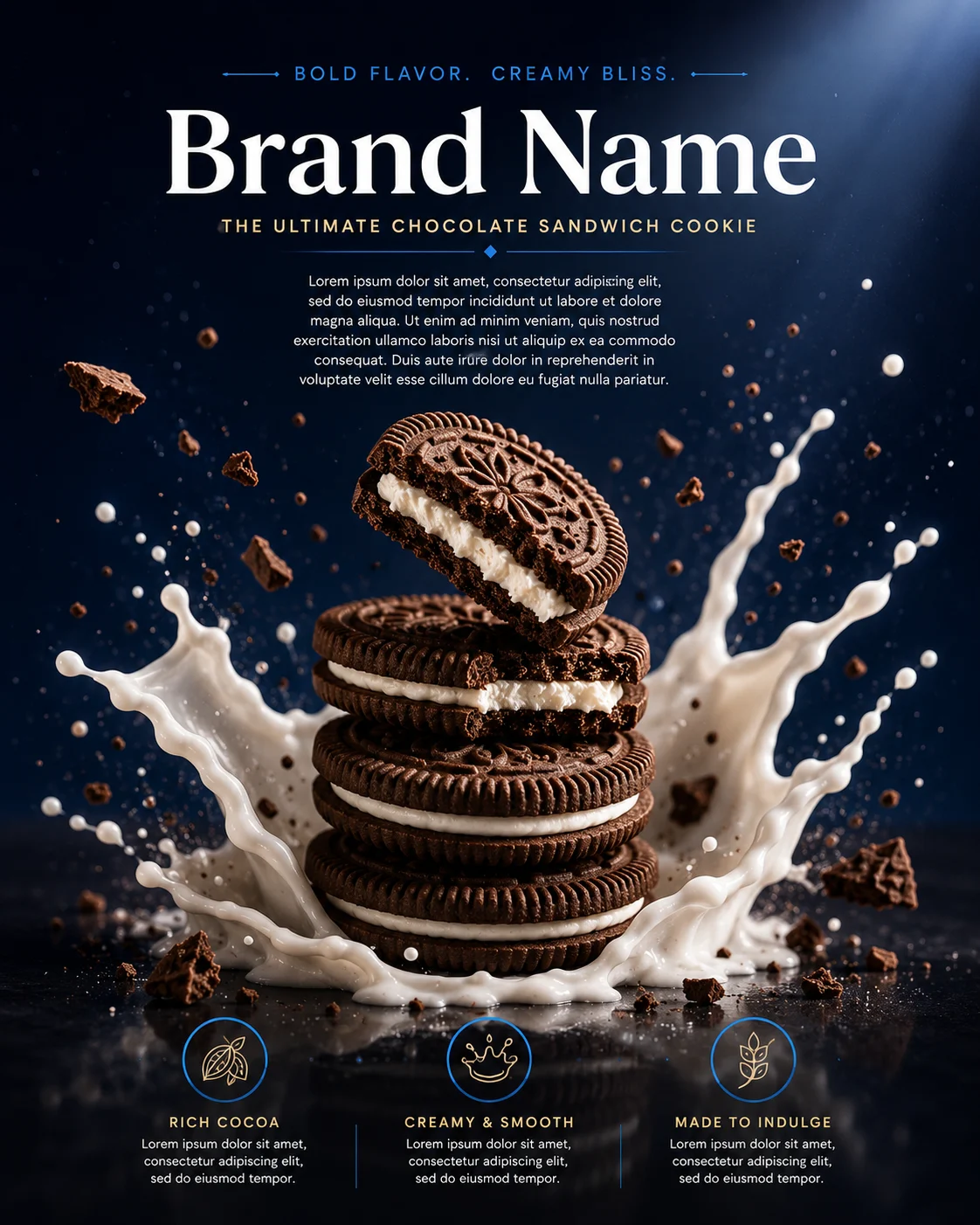 Commercial food advertisement showing stacked chocolate sandwich cookies with milk splash.