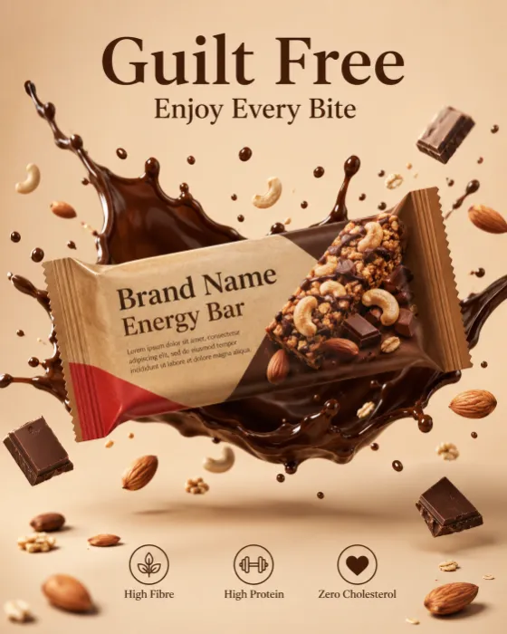 Commercial studio image of a premium chocolate energy snack bar with floating chocolate and nut ingredients.
