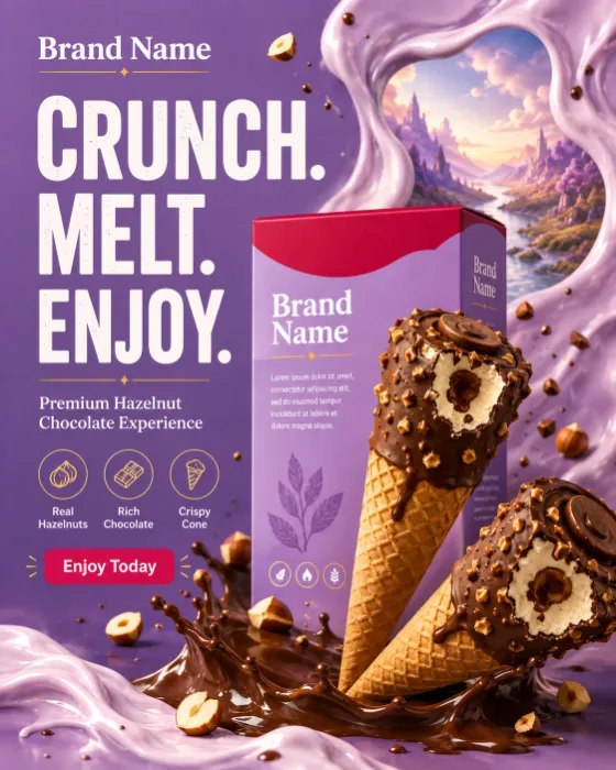 Commercial advertising image featuring premium chocolate-coated hazelnut ice cream cones with coordinated retail packaging.