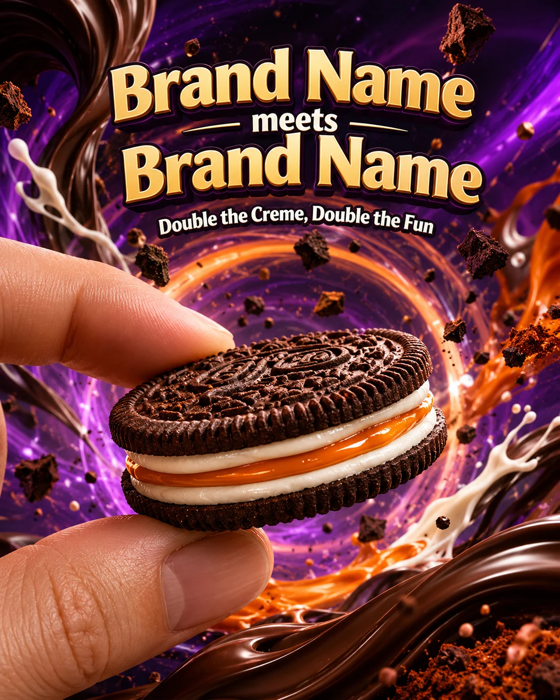 Commercial macro food poster featuring a chocolate sandwich cookie with dramatic motion graphics.