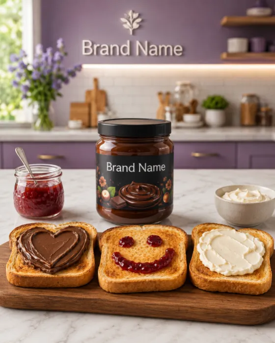 A premium chocolate spread jar displayed with toasted bread, fruit jam and cream on a marble countertop in a modern kitchen.