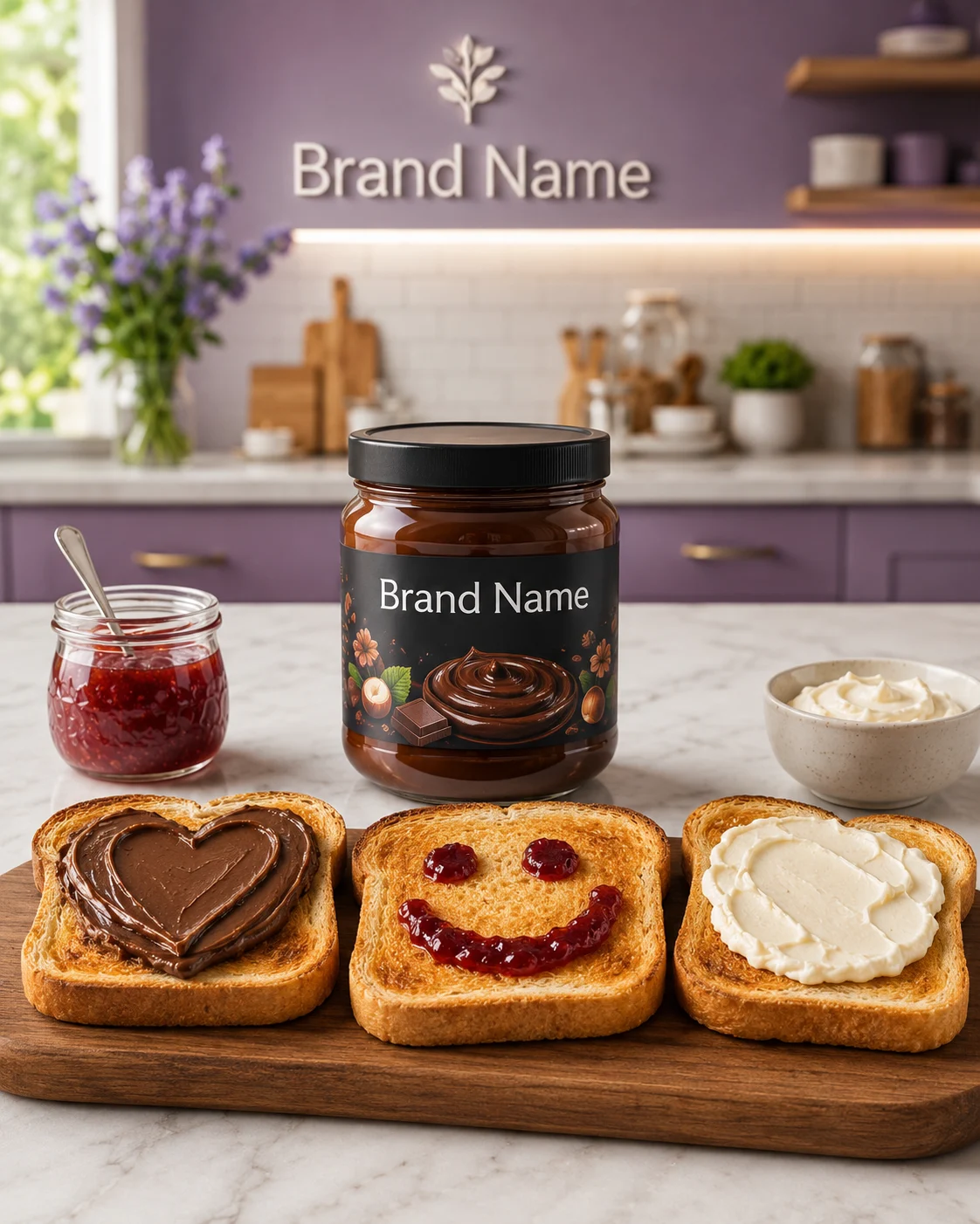 A premium chocolate spread jar displayed with toasted bread, fruit jam and cream on a marble countertop in a modern kitchen.