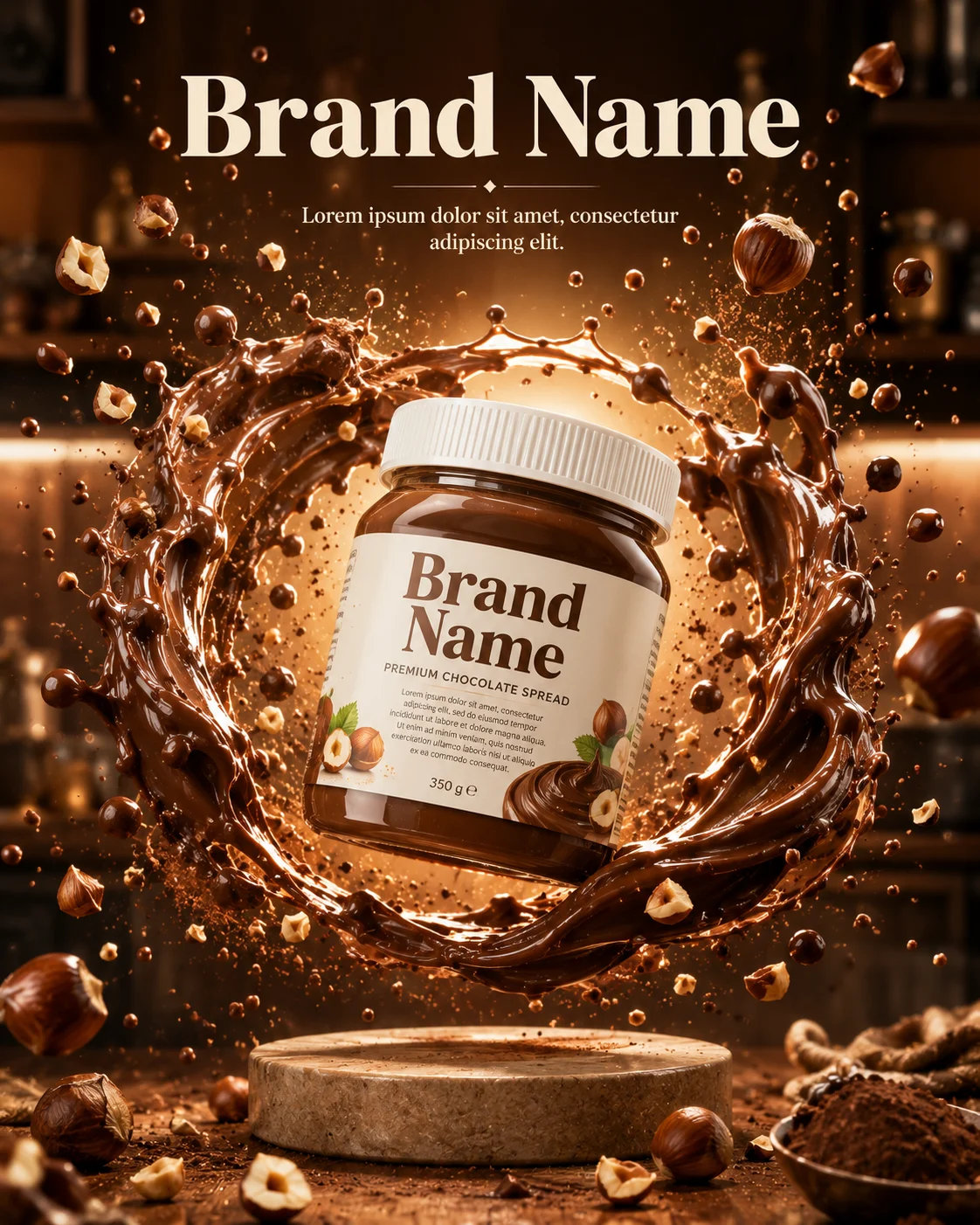 Premium chocolate spread jar suspended in a glossy chocolate splash vortex with hazelnuts and droplets in a warm cinematic kitchen.