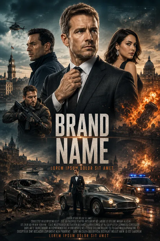 Original cinematic movie poster featuring a central spy hero surrounded by operatives and action scenes with luxury cars, smoke, and explosions.