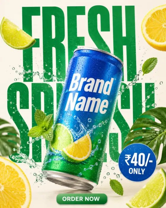 Premium commercial beverage campaign with citrus fruit and a chilled aluminum drink can.
