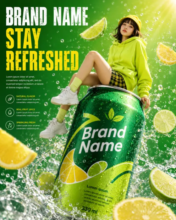 Oversized premium citrus beverage can with a fashion model surrounded by lemons, limes, and sparkling water.