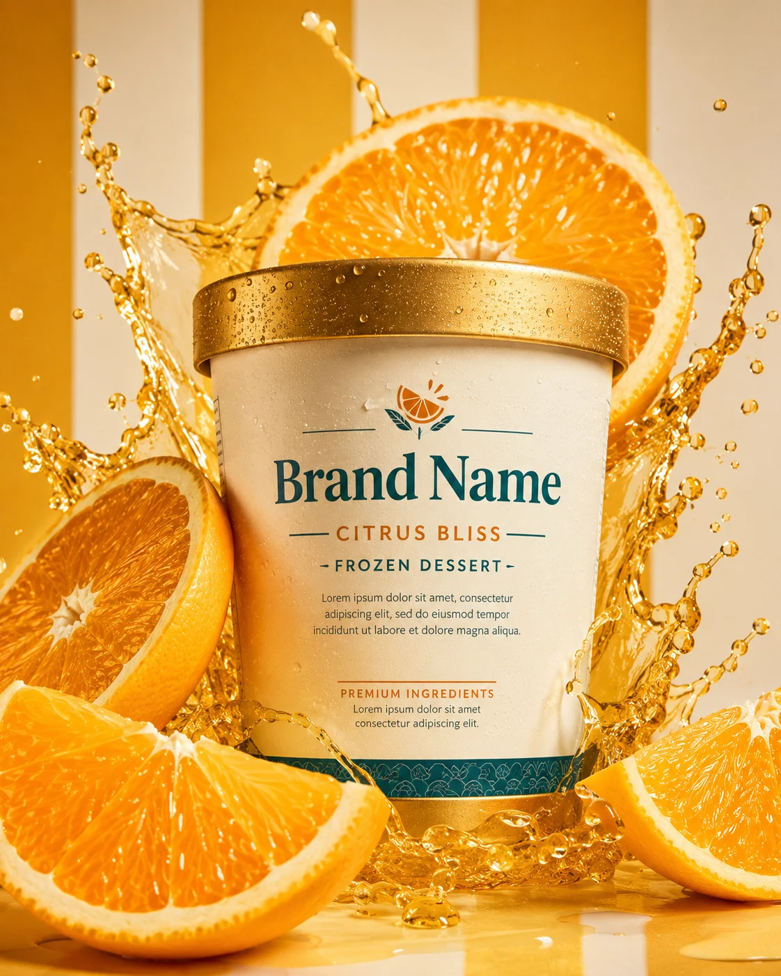 Luxury commercial product photograph of premium citrus frozen dessert packaging with fresh orange slices.