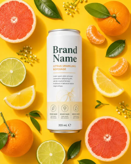 Luxury sparkling citrus beverage displayed in a colorful flat-lay arrangement with fresh fruit and botanical leaves.